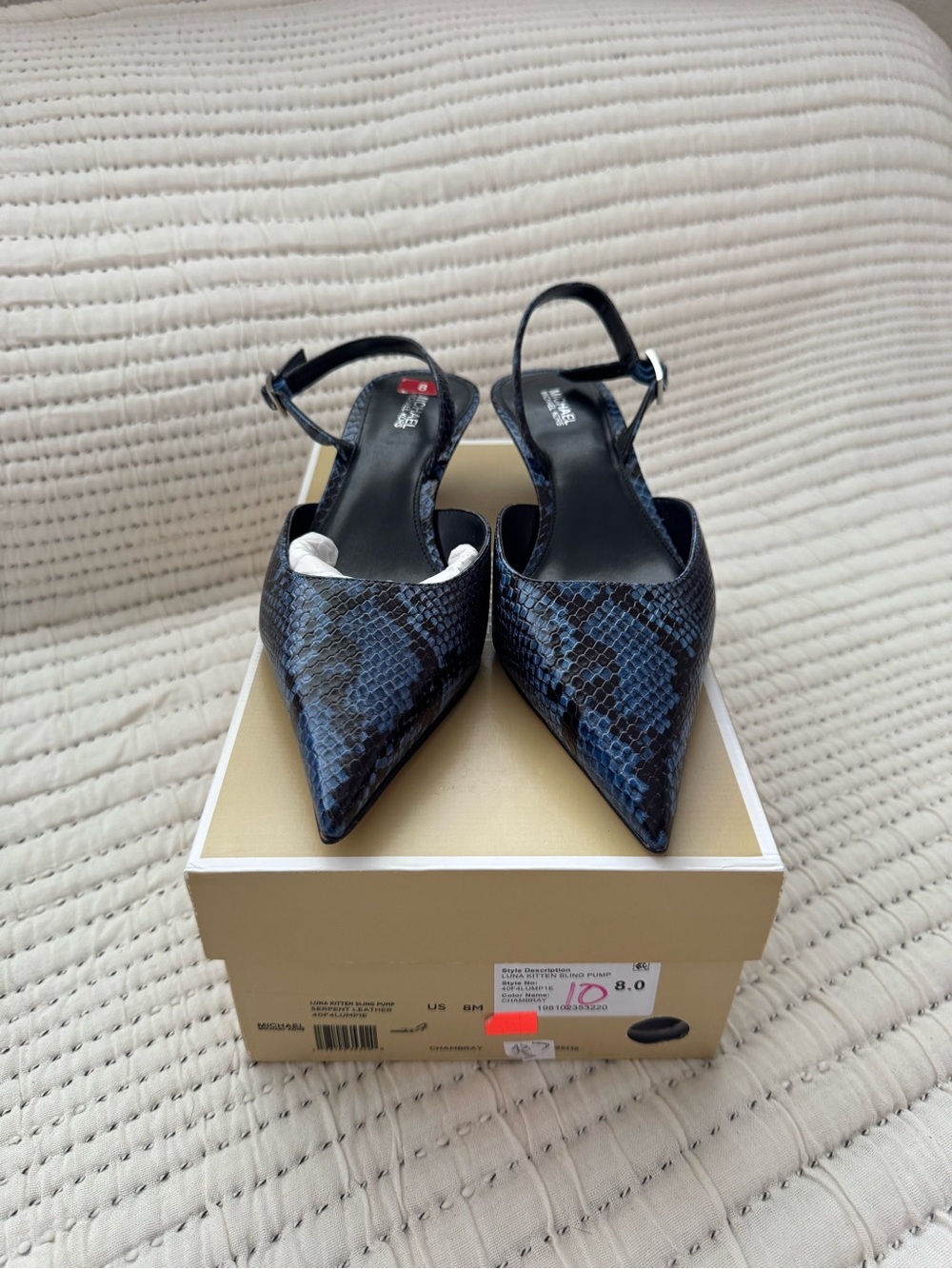 NIB Michael Kors Luna Blue Snake Leather Slingback Pumps Size 8